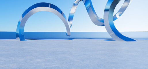 Minimal geometric background made of chrome metal. Futuristic design made of chrome metal for your design. Light garage for car presentation. Podium for your product. 3D render.