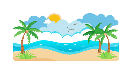 Obraz premium Colorful tropical beach scene with palm trees, waves, and sunny sky illustrating a peaceful summer atmosphere