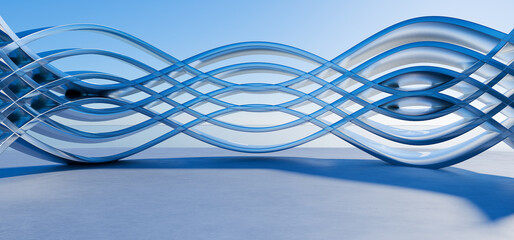 Light garage for car presentation. Futuristic design made of chrome metal for your design Podium for your product. Minimal geometric background made of chrome metal. . 3D render.