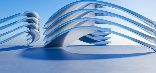 Light garage for car presentation. Podium for your product. Minimal geometric background made of chrome metal. Futuristic design made of chrome metal for your design. 3D render.