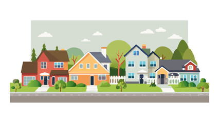 Colorful neighborhood houses with trees and landscaping during a sunny day