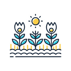 Colorful illustration of flowers under the sun with blue petals and green leaves in a simple garden setting