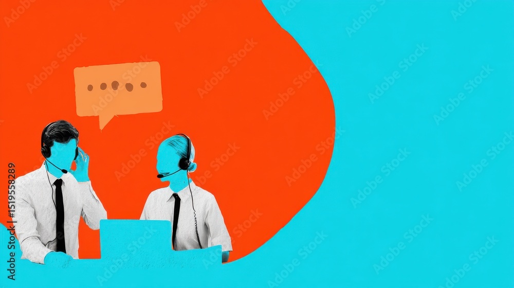Poster professional customer service representatives engaged in communication with colorful background and 
