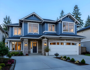 Luxurious new construction home in Bellevue, WA. This contemporary home features a two-car garage surrounded by natural stone wall trim and blue siding. United States Northwest .
