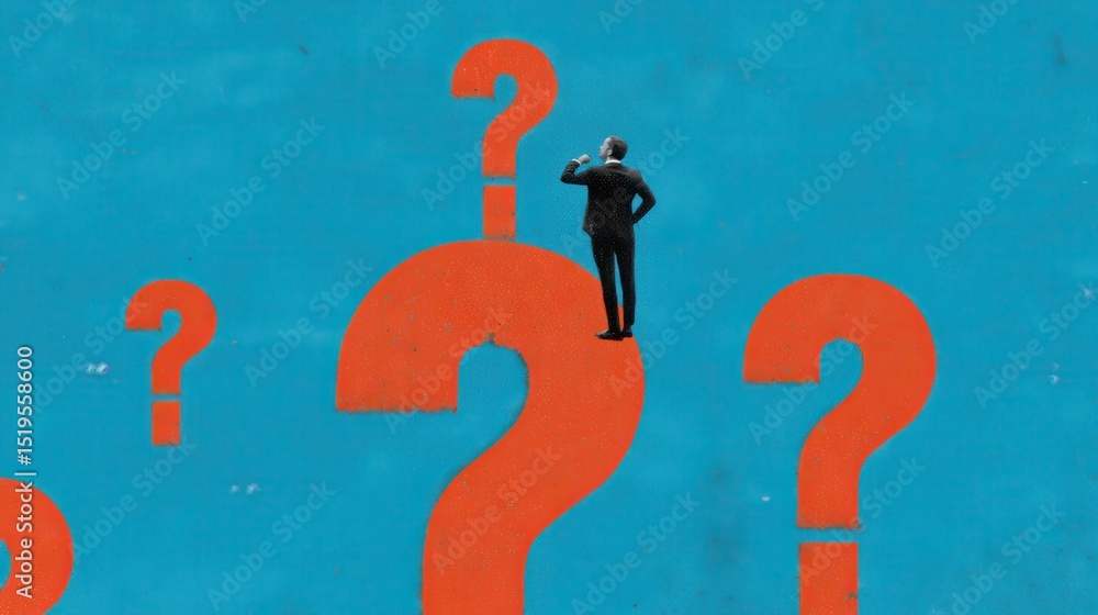 Poster businessman on large question marks symbolizing uncertainty and inquiry in professional decision mak