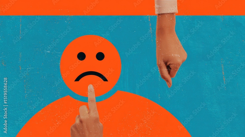 Poster hands pointing at a sad face with expressive colors representing emotions and disappointment in a mo