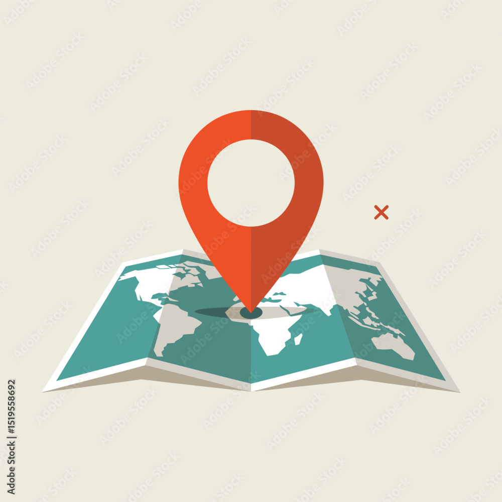 Poster flat design illustration of a world map with location marker ideal for travel planning and navigatio