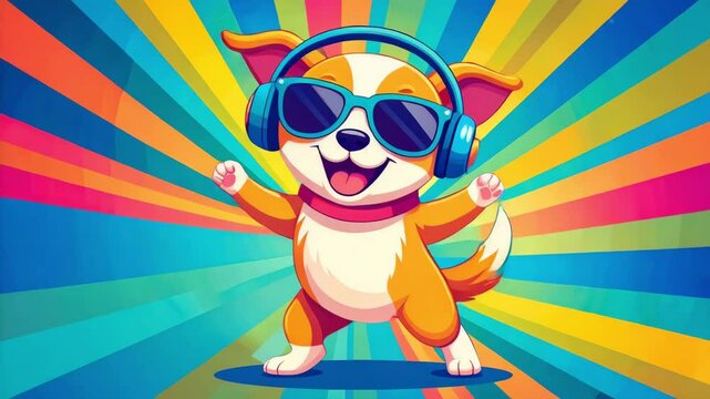 Cute Cartoon Dog Listening to Headphones and Dancing