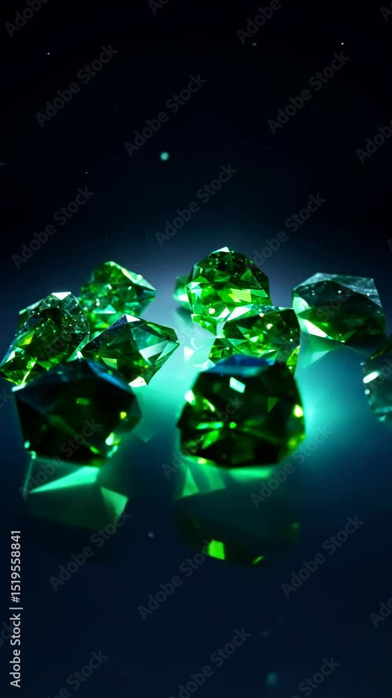 Poster A group of green gems are on a table. They are all different shapes and sizes. Some are larger than others