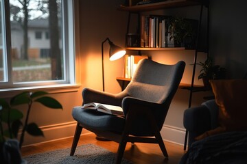 Cozy homeschool study nook with reading chair home office interior design warm atmosphere close-up view serenity and comfort