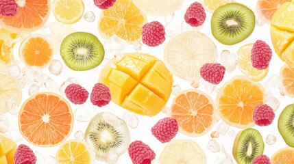 Variety of sliced tropical fruits including mango, kiwi, orange, raspberry, and citrus arranged with ice cubes on white
