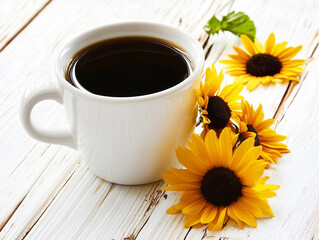 Coffee Cup with Yellow Sunflowers on Rustic White Wood Table