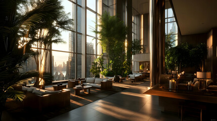 Obraz premium Modern High-Rise Lobby With City Views And Lush Greenery
