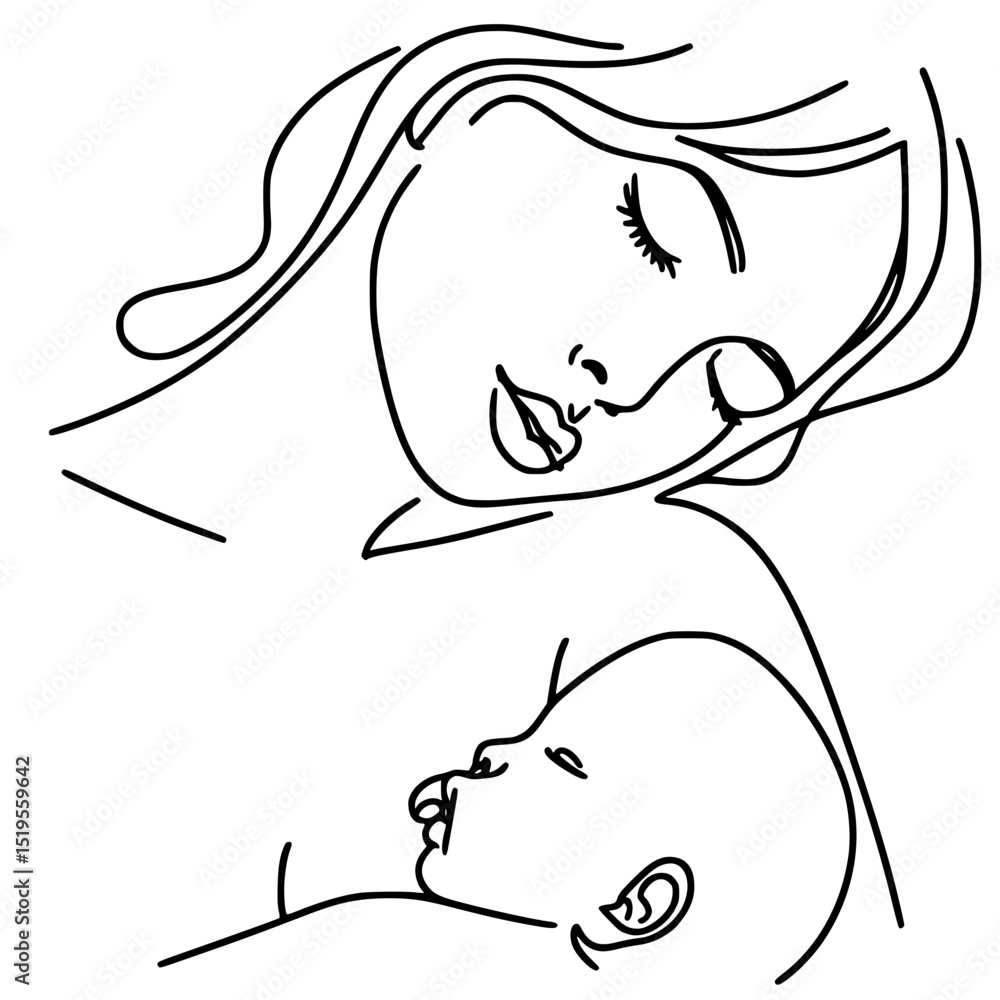 Poster mother and child fell asleep together hugging in vector outline with one line