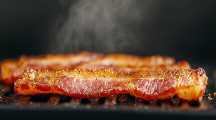 Close up of delicious bacon cooking on a grill.