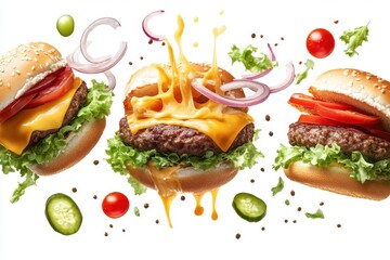 Three delicious cheeseburgers in mid air with flying ingredients.