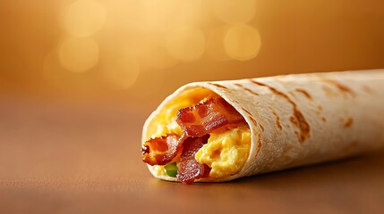 Close up of a savory breakfast burrito filled with crispy bacon, fluffy scrambled eggs, and melted cheese. Perfect for a quick and satisfying morning meal.