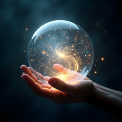 Hand holding a glowing light bulb with the Earth and stars in the background, representing global energy and technological innovation