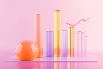 Abstract pastel glass bar chart with growth arrow.