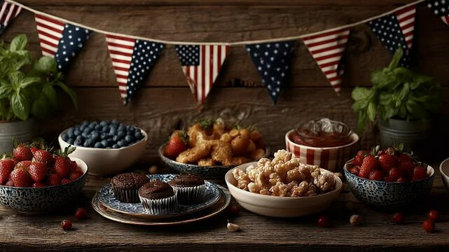 Rustic summer food table with berries chicken and muffins