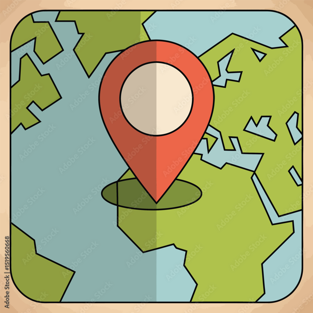 Poster illustrative vector map icon featuring a red location marker symbol over a stylized earth globe repr