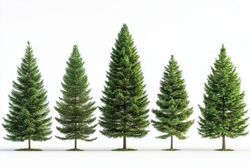 Five evergreen trees of varying heights on white background.
