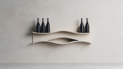 Contemporary Wave Shaped Wine Rack on a Textured Wall. Minimalist Design, Interior Decor, Wine Storage