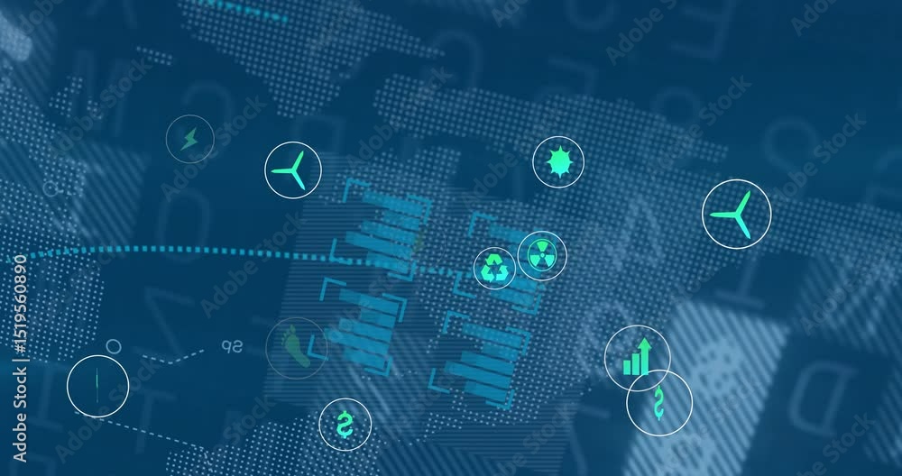 Poster global energy network being visualized on dotted map, plug icon sliding and icons orbiting