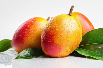 Three ripe juicy mangoes with water droplets.