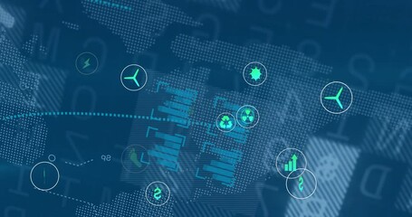 Global energy network being visualized on dotted map, plug icon sliding and icons orbiting - Powered by Adobe