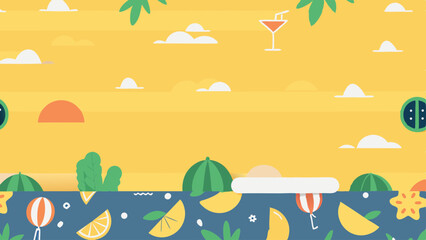 Vector Summer Beach Scene Illustration Sunny Sky Tropical Cocktail Watermelon Lemon Beachball Clouds Summer