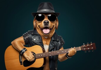 Dog With Guitar Playing Rock Star Pet Wearing Sunglasses Funny Animal Music Performer Image For Fun