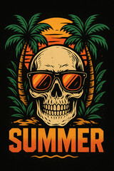 Fototapeta premium Skull with Sunglasses in Palm Beach Sunset Illustration
