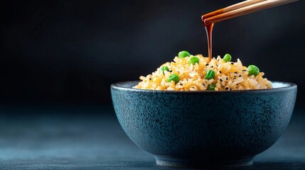 Delicious fried rice with peas in a bowl, soy sauce being poured. Asian cuisine, food photography, restaurant menu.