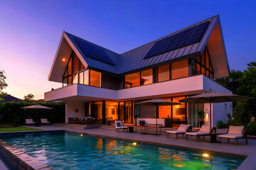 An evening view of a stunning white home featuring a swimming pool and solar panels