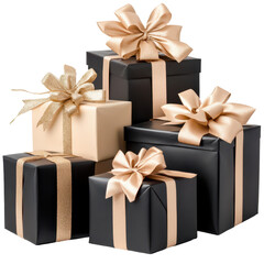 Elegant Gifts: A collection of beautifully wrapped presents, black and rose gold colors, adorned with luxurious ribbons and bows. Concept: elegant Christmas, birthday celebration
