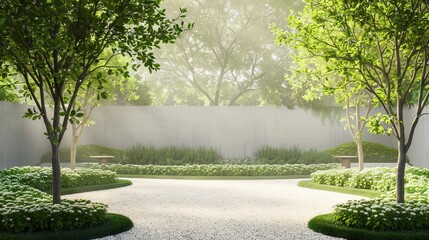 Serene garden path with lush greenery and sunlight. Concept of tranquility, nature, peace, and relaxation.