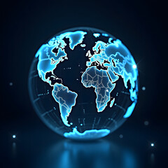 Blue earth globe on a black background, a 3D illustration of our planet with continents like Europe, Asia, and America, perfect for global business and geography themes
