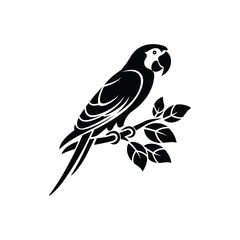 Parrot Silhouette on Branch – Black Tropical Bird Vector with Leaves