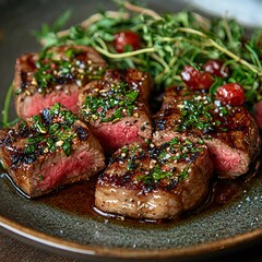 Grilled steak slices culinary delight gourmet kitchen luxurious dining close-up view flavorful presentation for food enthusiasts