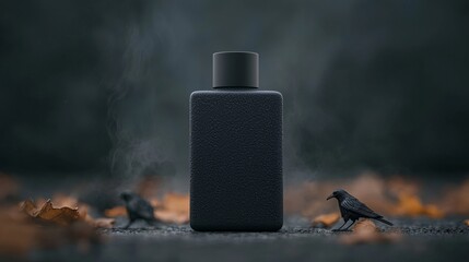 Mysterious black perfume bottle on dark background with crows.  Concept of luxury, mystery, and dark fragrance.