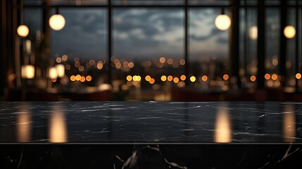 Elegant Black Marble Countertop with City View and Warm Lights
