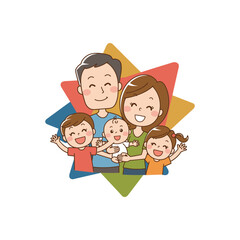 Cute Cartoon Family Portrait with Three Children – Happy Parents and Kids with Colorful Background