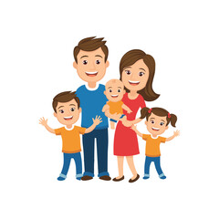 Happy Cartoon Family with Three Children – Smiling Parents and Kids Illustration