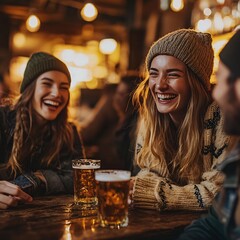 Joyful gathering of friends enjoying drinks at a cozy bar lively atmosphere candid moments warm lighting social connection