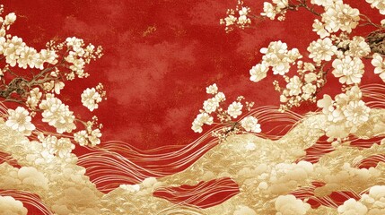 Elegant Floral Design with Red Background and Gold Accents