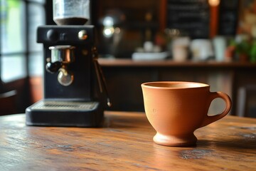 Terracotta coffee cup sits on a wooden table beside a vintage espresso machine.