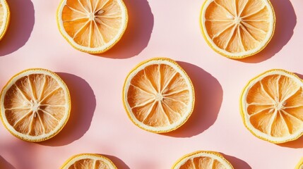 Obraz premium Bright Yellow Lemon Slices on Soft Pink Background for Creative Use