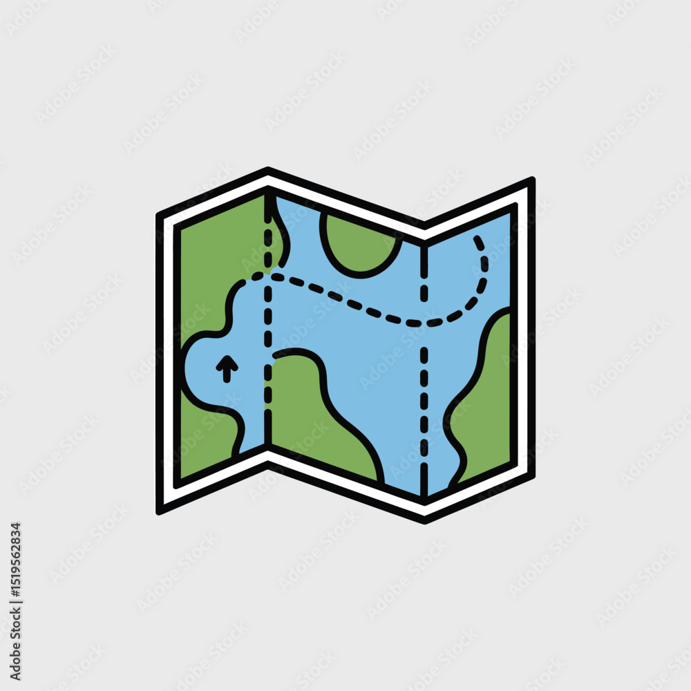 Poster simple icon style map illustration featuring a path arrows and geographical landmarks for navigation
