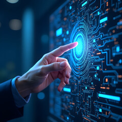 Hand pressing a virtual button on a digital touchscreen interface for business technology
